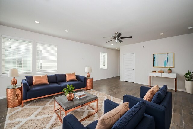 14515 Aston Pine Dr, Houston, TX 77032 - living area with baseboards, recessed lighting, ceiling fan, and wood finished floors