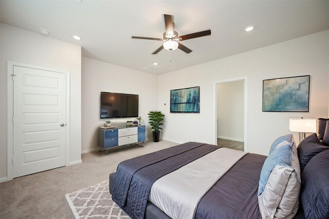 14515 Aston Pine Dr, Houston, TX 77032 - bedroom with recessed lighting, carpet flooring, baseboards, and ceiling fan