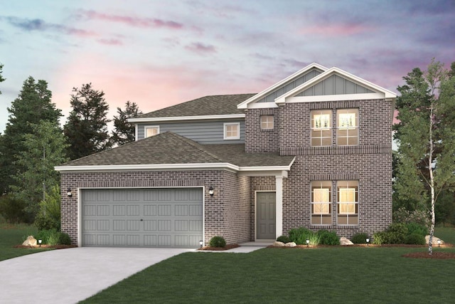traditional-style house with brick siding, a front lawn, concrete driveway, an attached garage, and a shingled roof