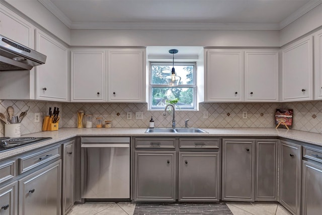 kitchen with a sink, light tile patterned floors, white cabinets, and stainless steel dishwasher