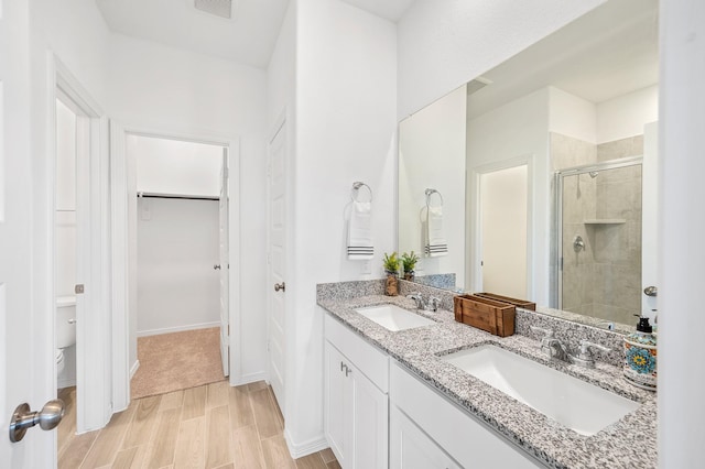 bathroom featuring a sink, a shower stall, toilet, and a spacious closet