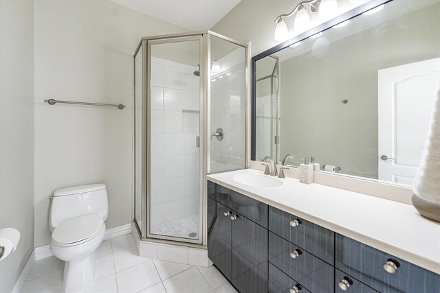 33519 Hillside Dr, Pinehurst, TX 77362 - full bathroom featuring a shower stall, toilet, vanity, tile patterned floors, and baseboards