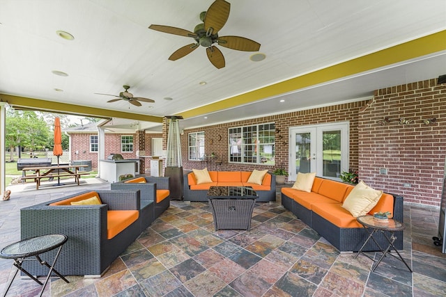 33519 Hillside Dr, Pinehurst, TX 77362 - view of patio / terrace with an outdoor living space, french doors, ceiling fan, and an outdoor kitchen