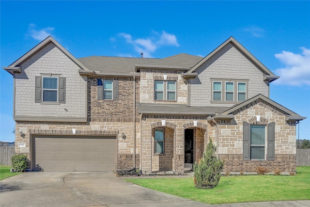 25553 Kensington Lake Dr, Porter, TX 77365 - view of front of house with driveway, roof with shingles, a front yard, an attached garage, and stone siding