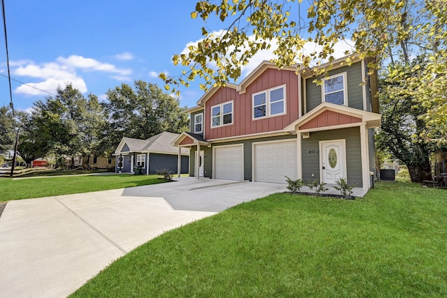 view of front of property featuring a garage, a front lawn, board and batten siding, and driveway