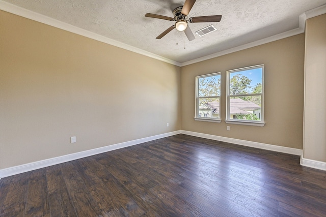 empty room featuring ceiling fan, a textured ceiling, visible vents, dark wood finished floors, and baseboards