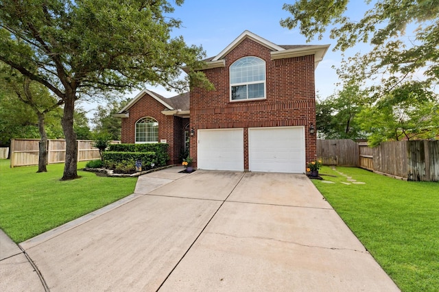 traditional home featuring a garage, concrete driveway, and brick siding