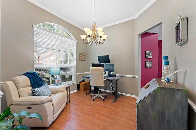 home office with crown molding, baseboards, an inviting chandelier, and light wood-type flooring