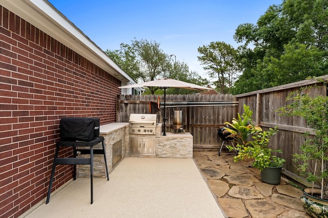 view of patio / terrace with a fenced backyard, exterior kitchen, and a grill