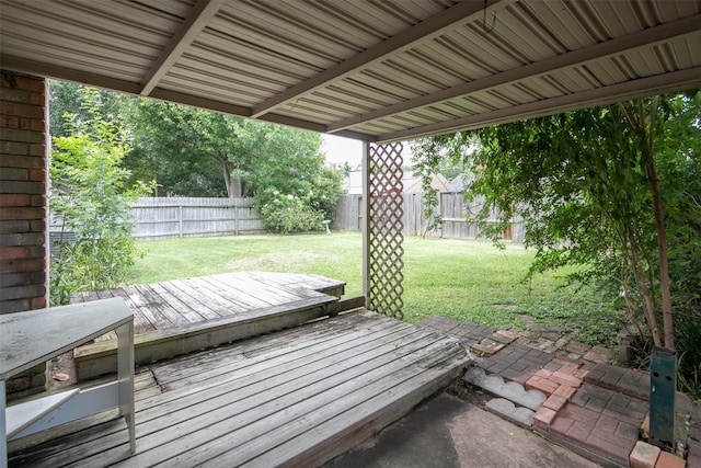 deck with a lawn and a fenced backyard