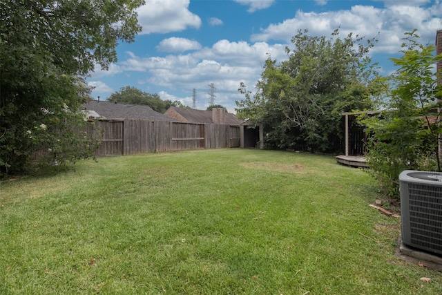 view of yard featuring a fenced backyard and central AC