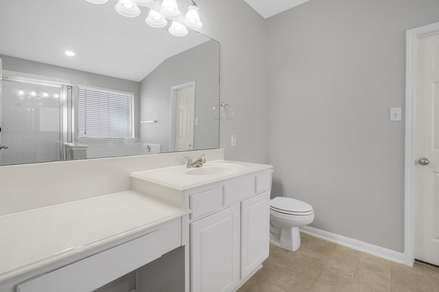29634 Legends Line Dr, Spring, TX 77386 - full bath with vanity, toilet, baseboards, a shower stall, and lofted ceiling