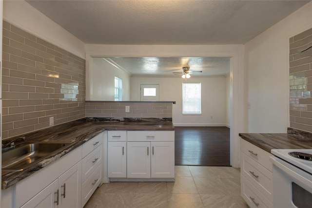 kitchen featuring electric range, a sink, a ceiling fan, white cabinetry, and decorative backsplash