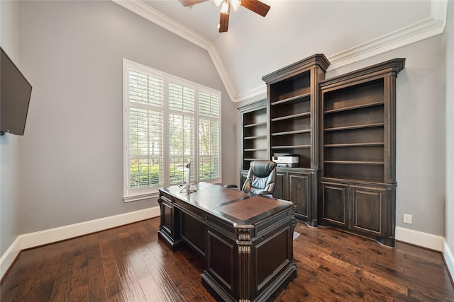 office with crown molding, a ceiling fan, baseboards, and vaulted ceiling