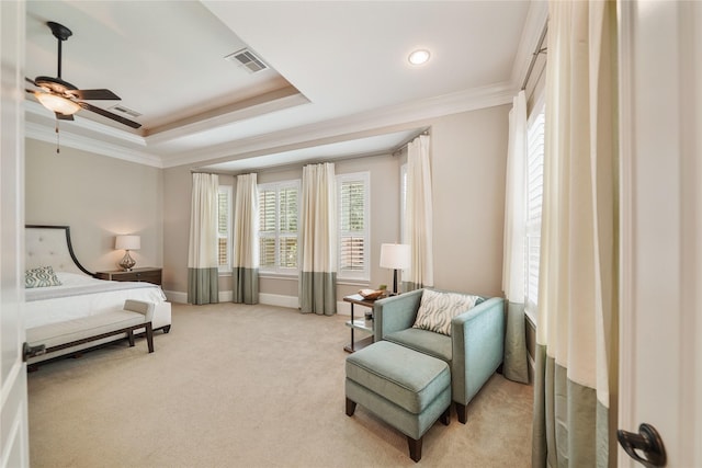 sitting room featuring plenty of natural light, light carpet, ceiling fan, and visible vents