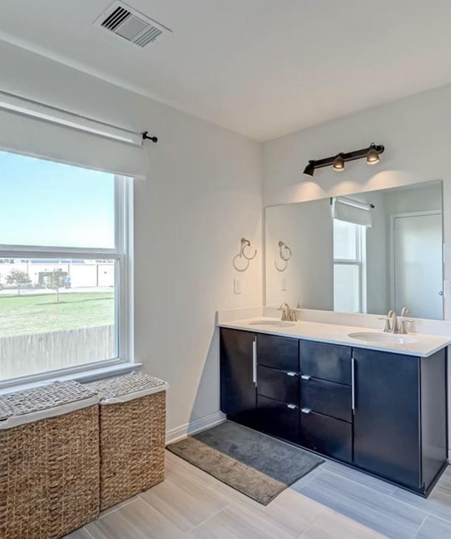 full bathroom featuring a sink, double vanity, and visible vents