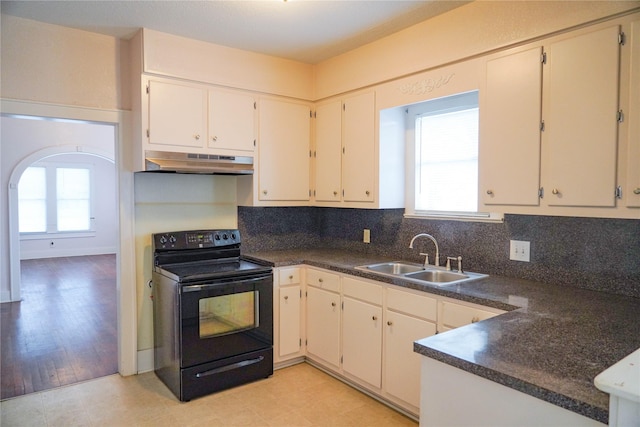 kitchen with under cabinet range hood, black electric range, a sink, and a wealth of natural light