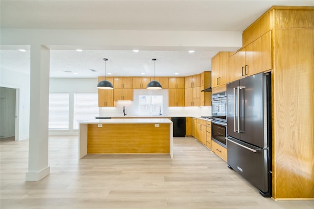 7906 Duffield Ln, Houston, TX 77071 - kitchen featuring high end refrigerator, dishwasher, light wood-style flooring, tasteful backsplash, and light countertops
