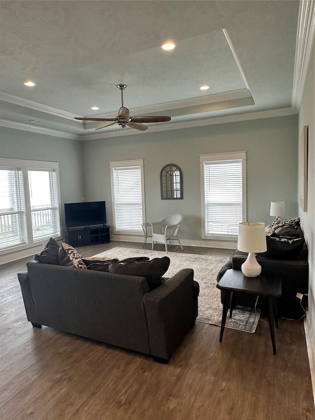 living area featuring a tray ceiling, ornamental molding, and wood finished floors