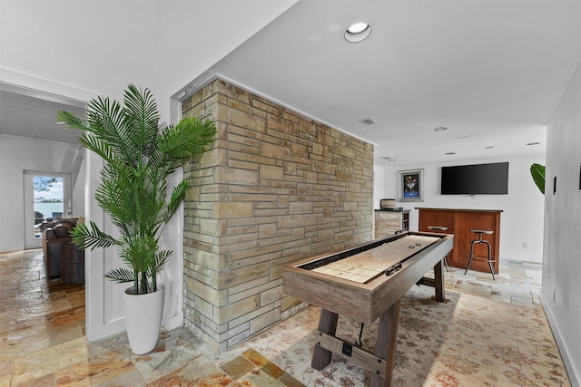 18 S Shore Dr S, Galveston, TX 77551 - game room featuring baseboards, stone tile floors, and recessed lighting