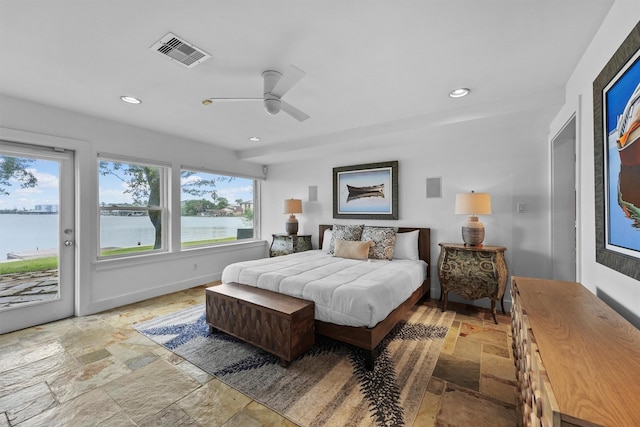 18 S Shore Dr S, Galveston, TX 77551 - bedroom featuring access to outside, multiple windows, recessed lighting, and visible vents