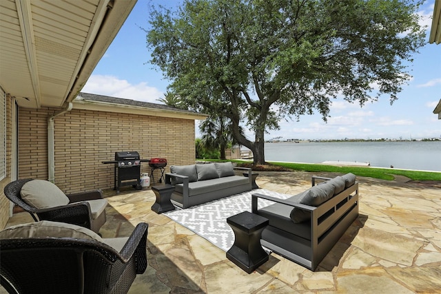 18 S Shore Dr S, Galveston, TX 77551 - view of patio / terrace featuring a water view, an outdoor hangout area, and a grill