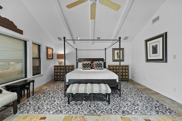18 S Shore Dr S, Galveston, TX 77551 - bedroom featuring visible vents, lofted ceiling with beams, stone finish flooring, and baseboards