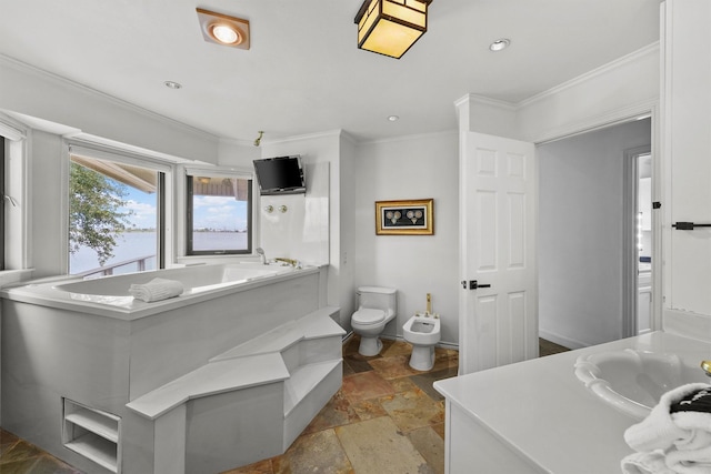 18 S Shore Dr S, Galveston, TX 77551 - bathroom featuring crown molding, a bidet, and stone tile floors