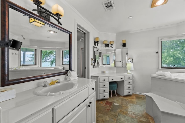 18 S Shore Dr S, Galveston, TX 77551 - bathroom with crown molding, vanity, recessed lighting, visible vents, and stone tile flooring