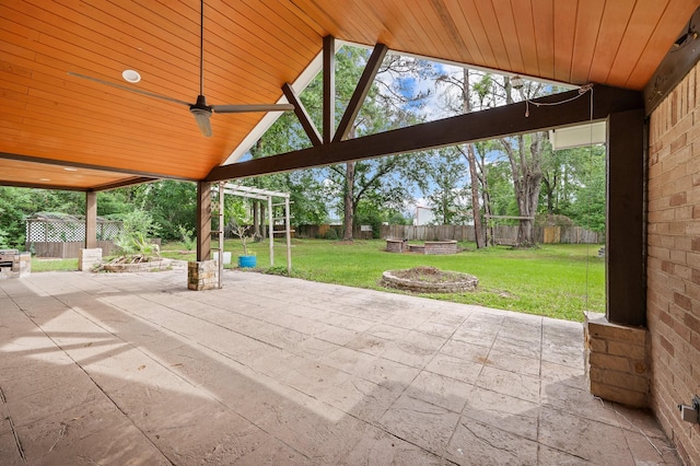 view of patio / terrace featuring a fenced backyard and a fire pit