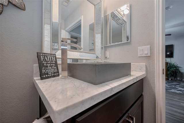 room details with a textured wall, visible vents, and vanity