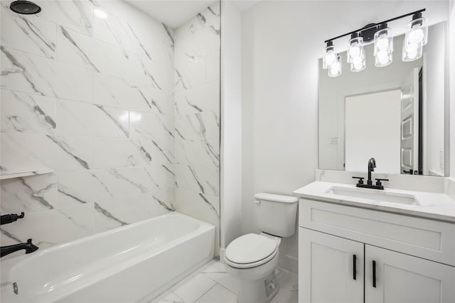 full bathroom featuring vanity, marble finish floor, toilet, baseboards, and bathtub / shower combination