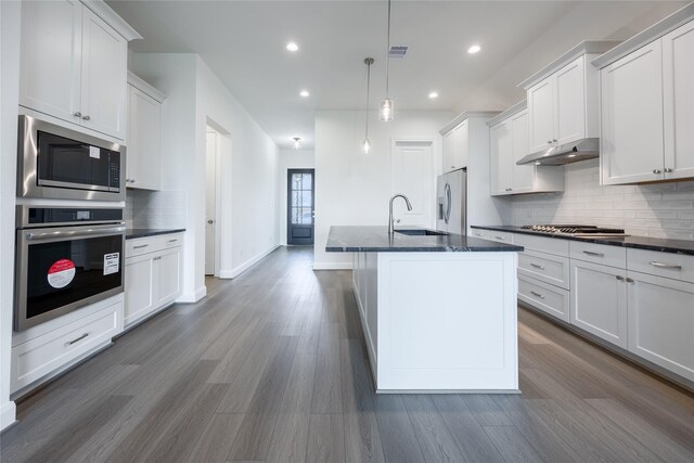 12810 Belford Gardens Dr, Humble, TX 77346 - kitchen featuring appliances with stainless steel finishes, under cabinet range hood, a sink, dark wood-style floors, and recessed lighting