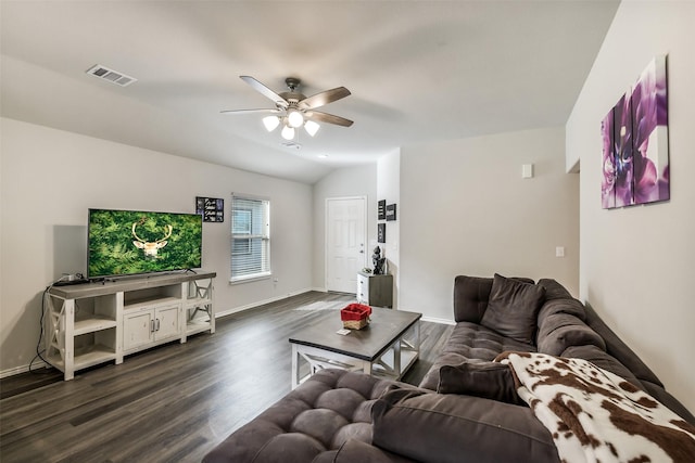 living area featuring baseboards, ceiling fan, dark wood-style floors, and visible vents