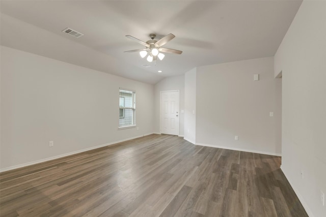 254 Cumberland Forest Dr, Magnolia, TX 77354 - empty room featuring ceiling fan, dark wood-style floors, baseboards, and lofted ceiling