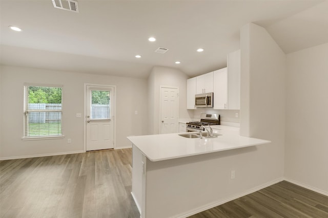 254 Cumberland Forest Dr, Magnolia, TX 77354 - kitchen featuring stainless steel appliances, wood finished floors, light countertops, white cabinets, and vaulted ceiling