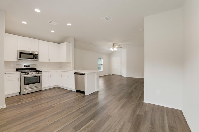 254 Cumberland Forest Dr, Magnolia, TX 77354 - kitchen with appliances with stainless steel finishes, open floor plan, a peninsula, wood finished floors, and ceiling fan
