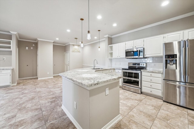 kitchen featuring appliances with stainless steel finishes, decorative backsplash, light stone countertops, and recessed lighting