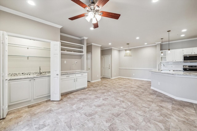 kitchen with ceiling fan, crown molding, open shelves, stainless steel appliances, and recessed lighting