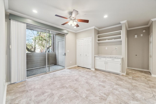 unfurnished bedroom with crown molding, recessed lighting, a ceiling fan, and access to outside