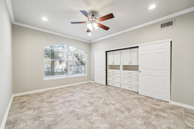 unfurnished bedroom with crown molding, recessed lighting, and visible vents