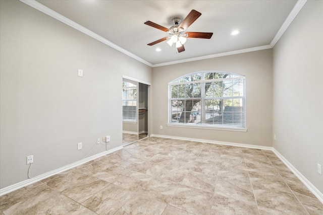 spare room featuring crown molding, a ceiling fan, baseboards, and recessed lighting