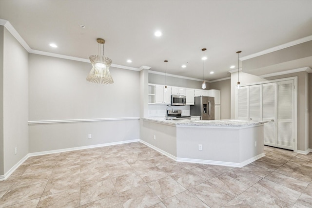 kitchen featuring recessed lighting, appliances with stainless steel finishes, open shelves, and a peninsula