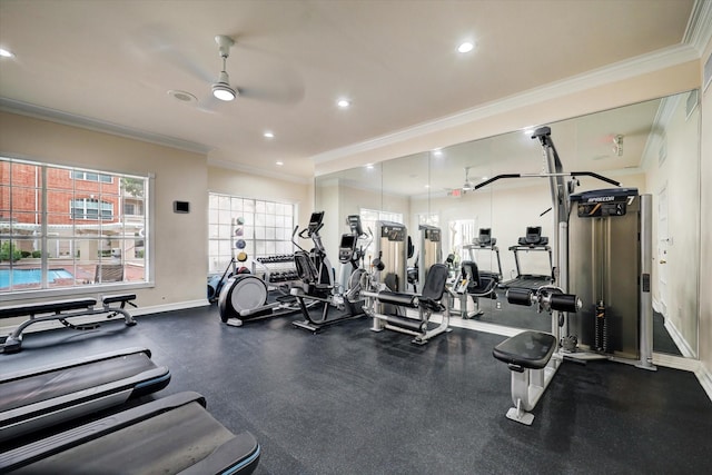 gym with recessed lighting, ceiling fan, ornamental molding, and baseboards