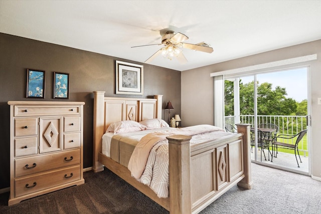 bedroom with dark carpet, baseboards, ceiling fan, and access to exterior