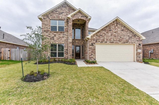 view of front of property featuring brick siding, fence, a front lawn, concrete driveway, and an attached garage