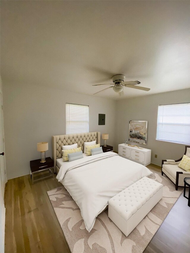 bedroom featuring ceiling fan, wood finished floors, and multiple windows