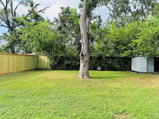 view of yard featuring a fenced backyard, an outdoor structure, and a storage shed