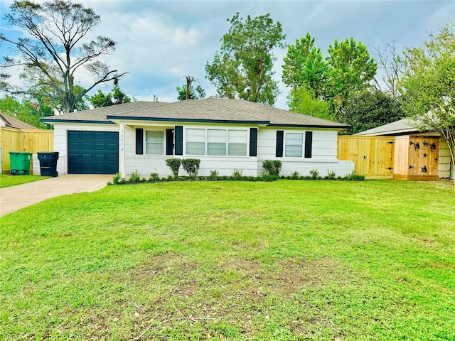 ranch-style house with a front yard, brick siding, fence, concrete driveway, and an attached garage