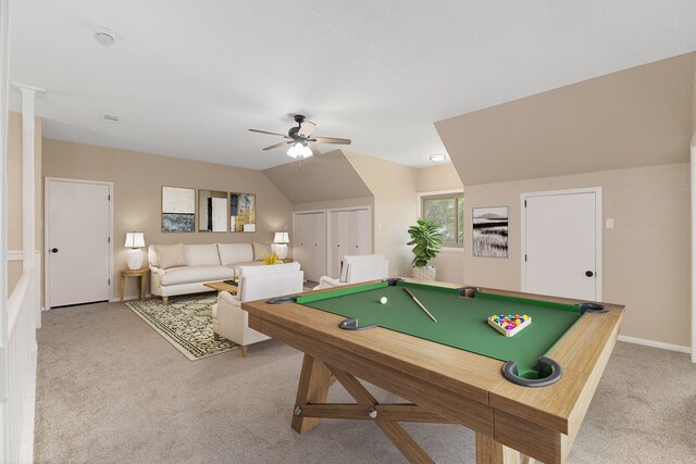 game room featuring lofted ceiling, light carpet, baseboards, billiards, and a ceiling fan
